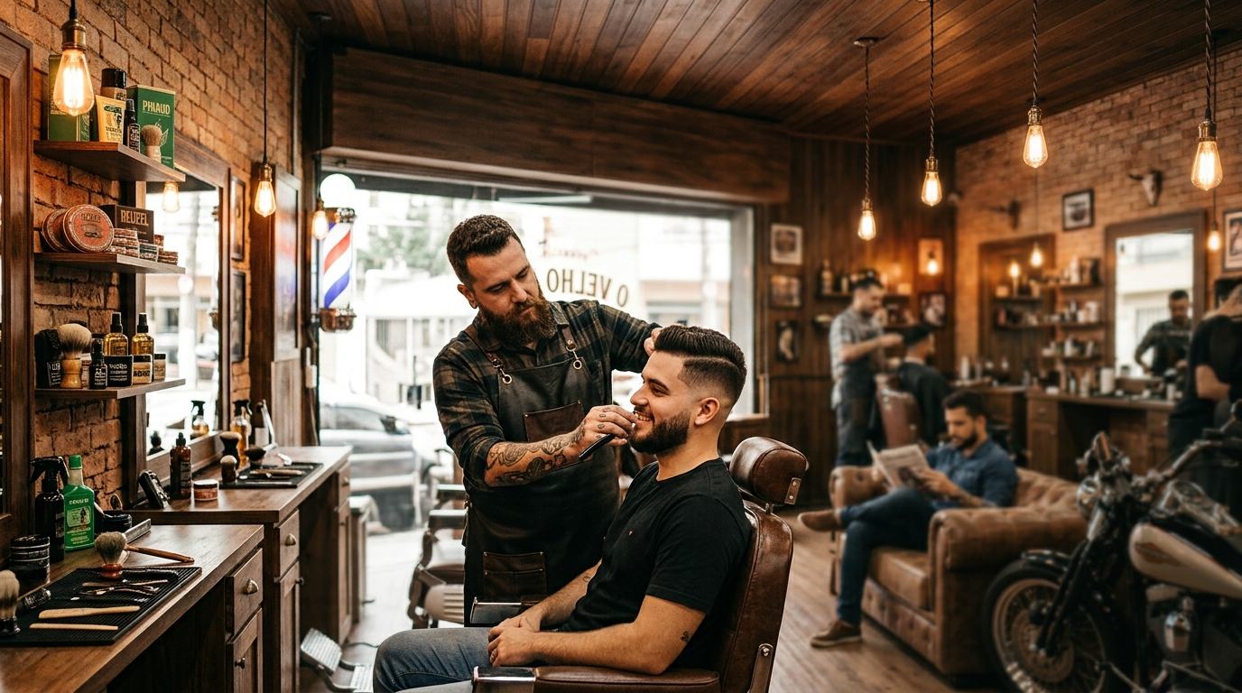 Barbeiro finalizando a barba de um cliente na cadeira da Estilo Urbano